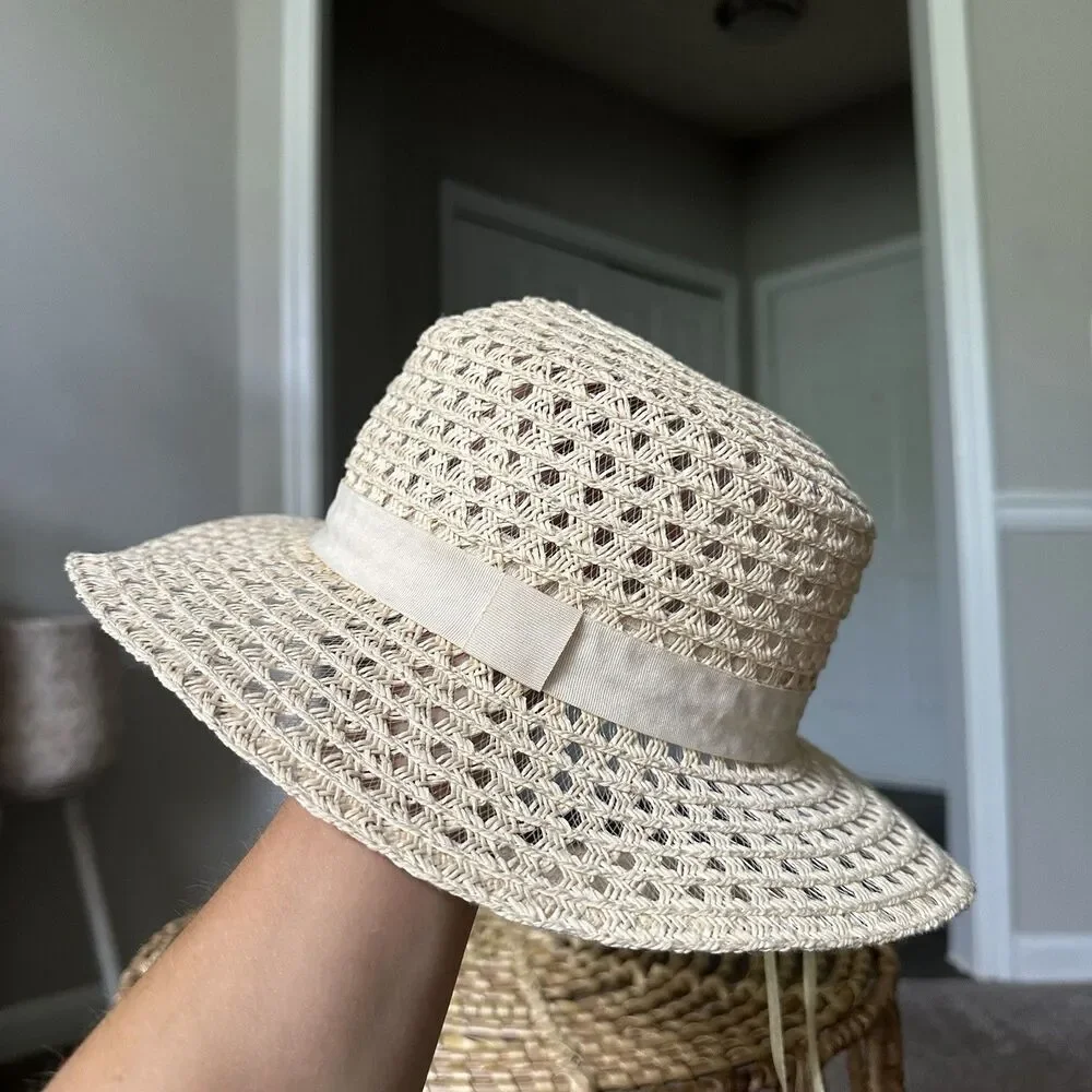Free People Beige Crochet Woven Straw Sun Hat One Size Summer Beach